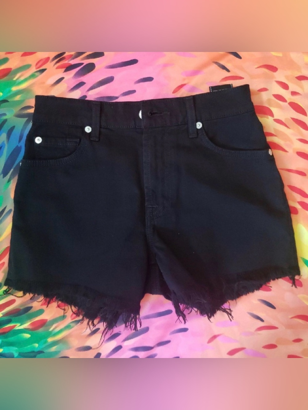 7 For All Mankind Black Frayed Hem Denim Shorts